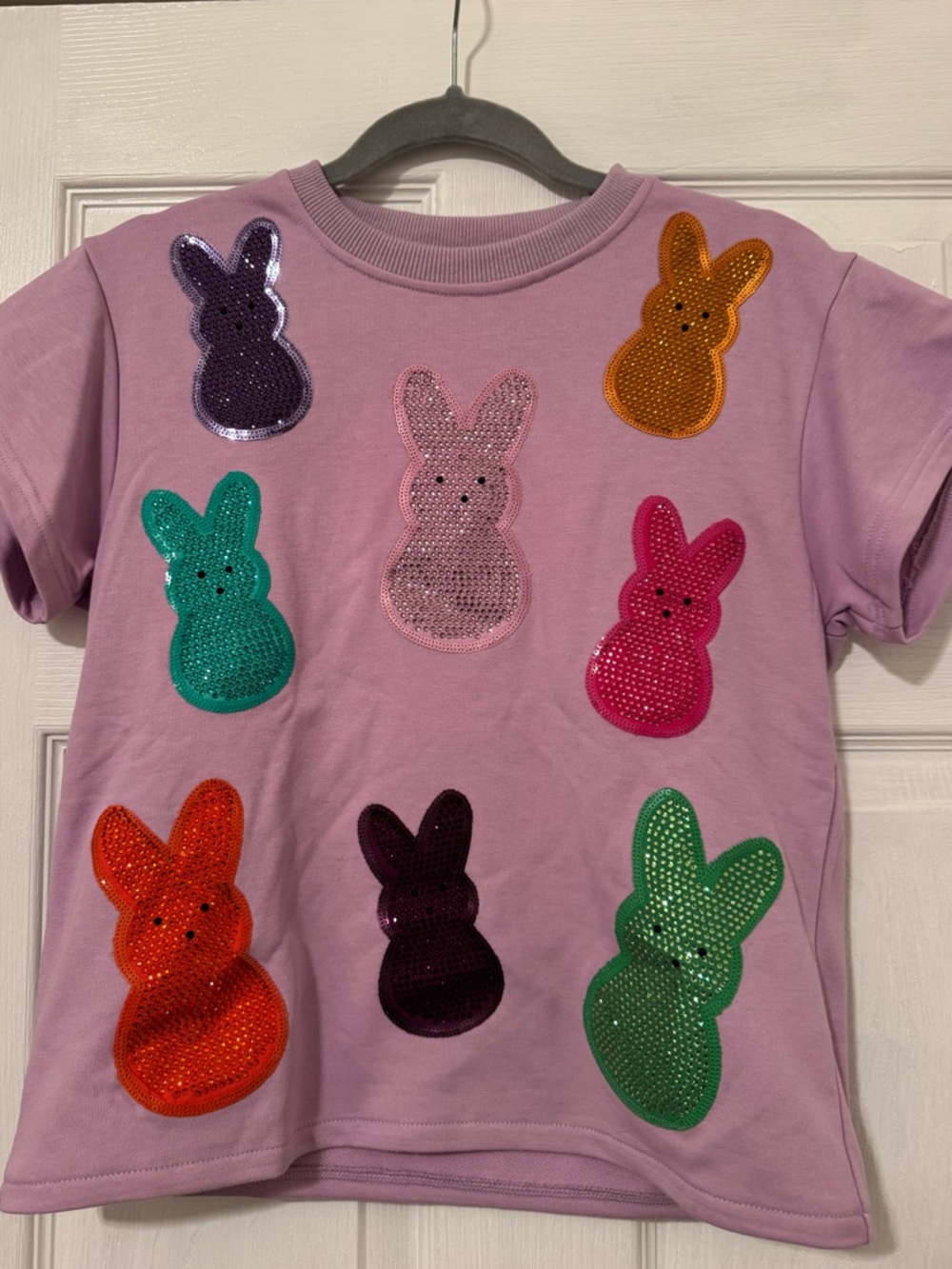 QUEEN OF SPARKLES Lavender Tee with Multicolor Sequin Bunny Patches